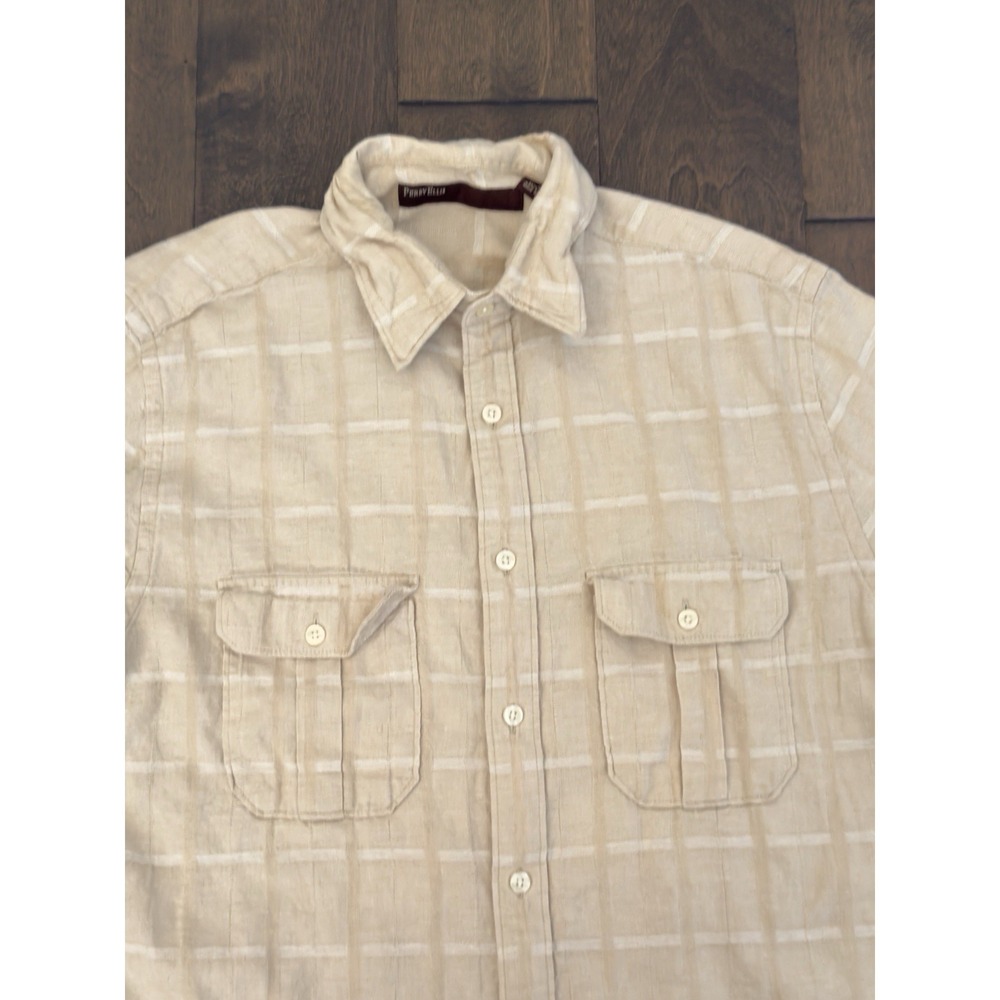 Perry Ellis Mens Button Down Linen Blend Beige Short Sleeve Shirt Size M Pockets